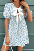 Contrast Bow Tie Front Leopard Print Puff Sleeve Babydoll Mini Dress